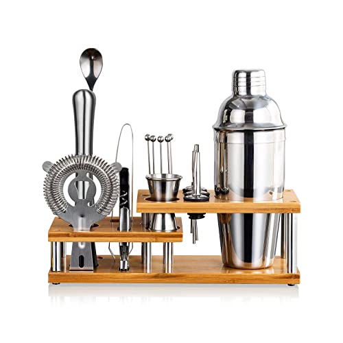 Cocktail Shaker Set Bartender Kit with Stand,17-Piece Stainless Steel Bar Kit Drink Mixer Set, Including Martini Shaker, Jigger, Strainer, Mixer Spoon, Muddler, Liquor Pourers, and Recipes Booklet etc