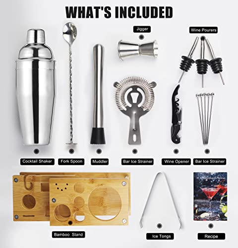 Cocktail Shaker Set Bartender Kit with Stand,17-Piece Stainless Steel Bar Kit Drink Mixer Set, Including Martini Shaker, Jigger, Strainer, Mixer Spoon, Muddler, Liquor Pourers, and Recipes Booklet etc