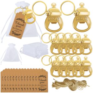 pecopcock 50 pcs baby’s bottle keychain bottle opener baby shower party favor supplies return gifts for guests with organza bags thank you bags for baby shower party souvenirs gifts, gold