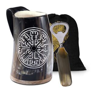 fenrir special edition viking drinking horn mug with bottle opener for ale beer cold drink natural shine polished 16-oz -2 pieces set | compas shine polished