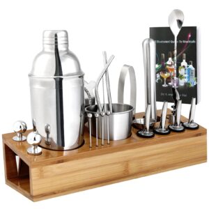 cocktail shaker set, 20 piece stainless steel bartender kit 25 oz shaker tins with bamboo stand, recipe book, for drink mixing, home, bar, parties