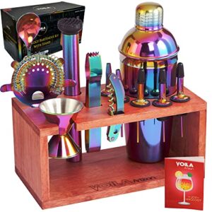 Voila Artisan 20 Pcs Premium Cocktail Shaker Set Bartender Kit with Elegant Mahogany Wooden Stand-Rainbow