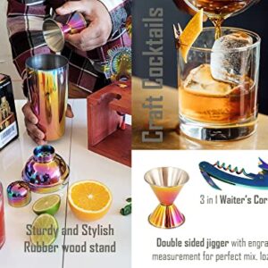 Voila Artisan 20 Pcs Premium Cocktail Shaker Set Bartender Kit with Elegant Mahogany Wooden Stand-Rainbow