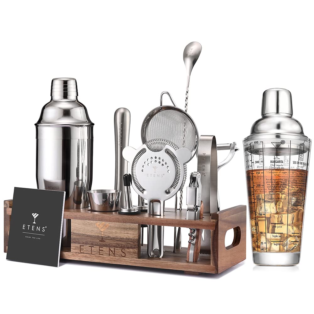 Etens Bartender Kit with Stand and Glass Cocktail Shaker Budnle, 14pc Cocktail Shaker Set and Clear Martini Shaker with Measurement