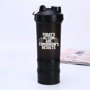 black protein shaker bottle with pill organizer and storage for protein powder, 500ml