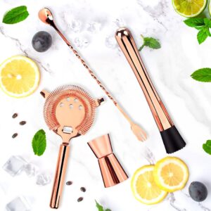 cocktail tools, justdolife stainless rose gold mixing spoon double jigger with cocktail ice muddler and cocktail bar strainer for home bar cocktail drinks