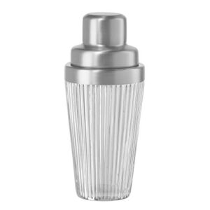 oggi vintage ribbed glass cocktail shaker- 16oz, stainless steel top; ideal martini shaker, drink shaker, bartender shaker; make great bar gifts, cocktail accessories and bar cart accessories