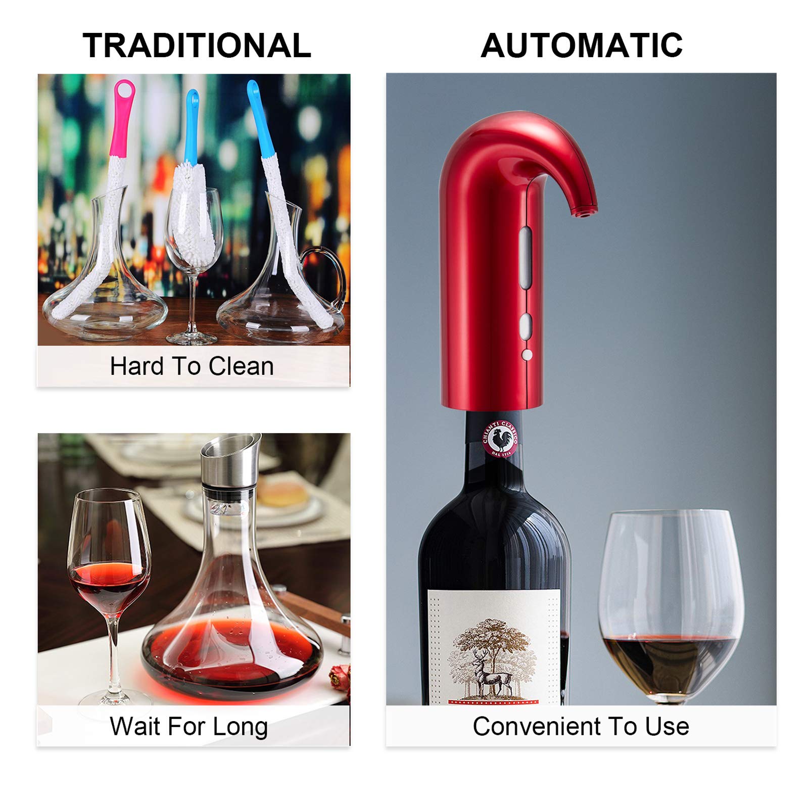 RICANK Electric Wine Aerator, Electric Wine Pourer and Wine Dispenser Pump for Red and White Wine Portable One-Touch Wine Decanter Multi-Smart Automatic Wine Oxidizer Rechargeable Spout Pourer Black