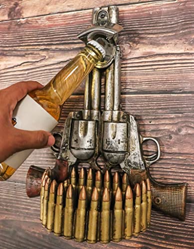 Ebros Gift Rustic Western Cowboy Outlaw Dual Revolver Pistols Guns Wall Mounted Bottle Cap Opener With Bullet Shells Casings Catcher Basin Wild West Country Themed Decorative Accent