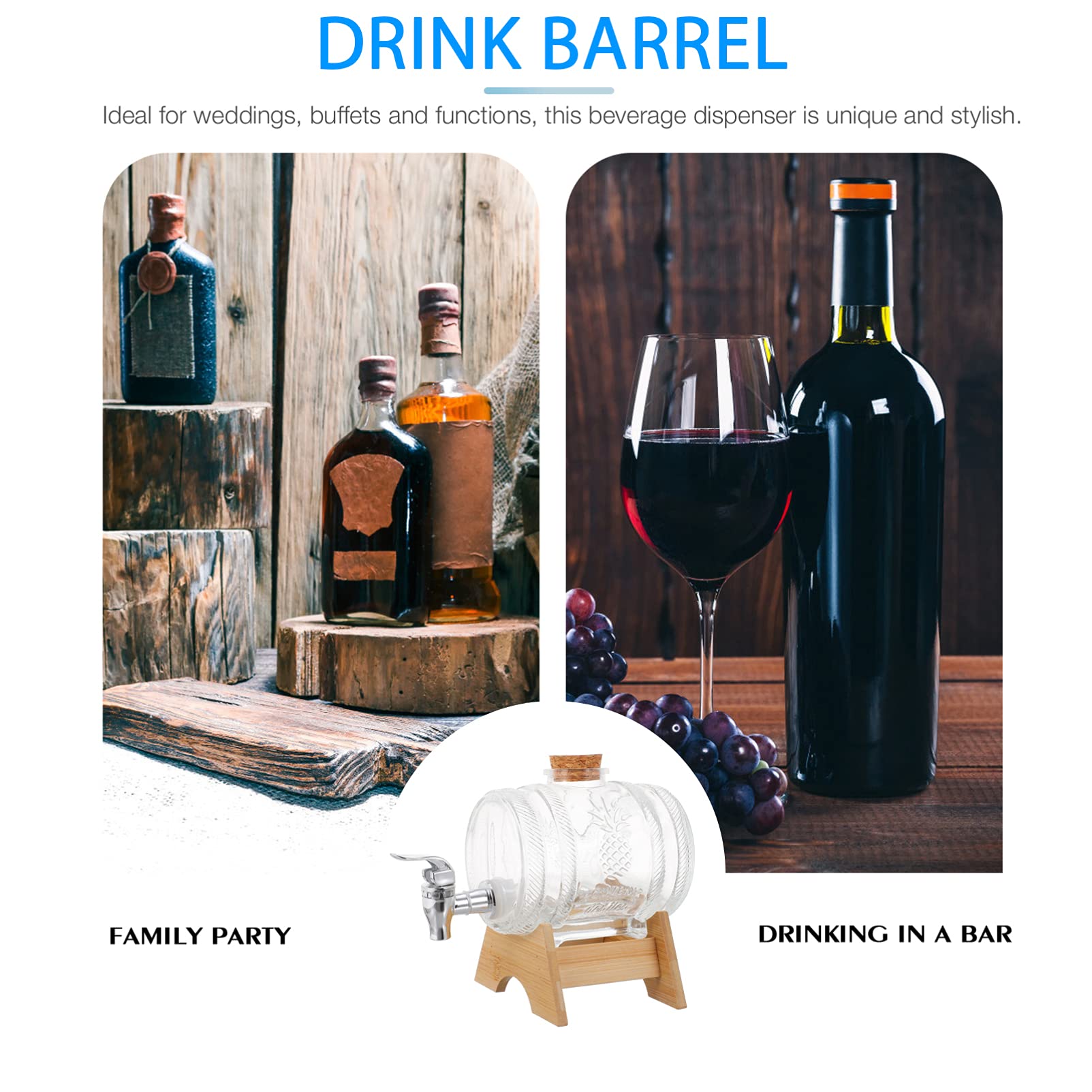 Hemoton Wine Barrel Vintage Glass Barrel Dispenser Wine Making Barrels with Bamboo Rack and Faucet for Whiskey Bourbon Tequila Beer Beverage