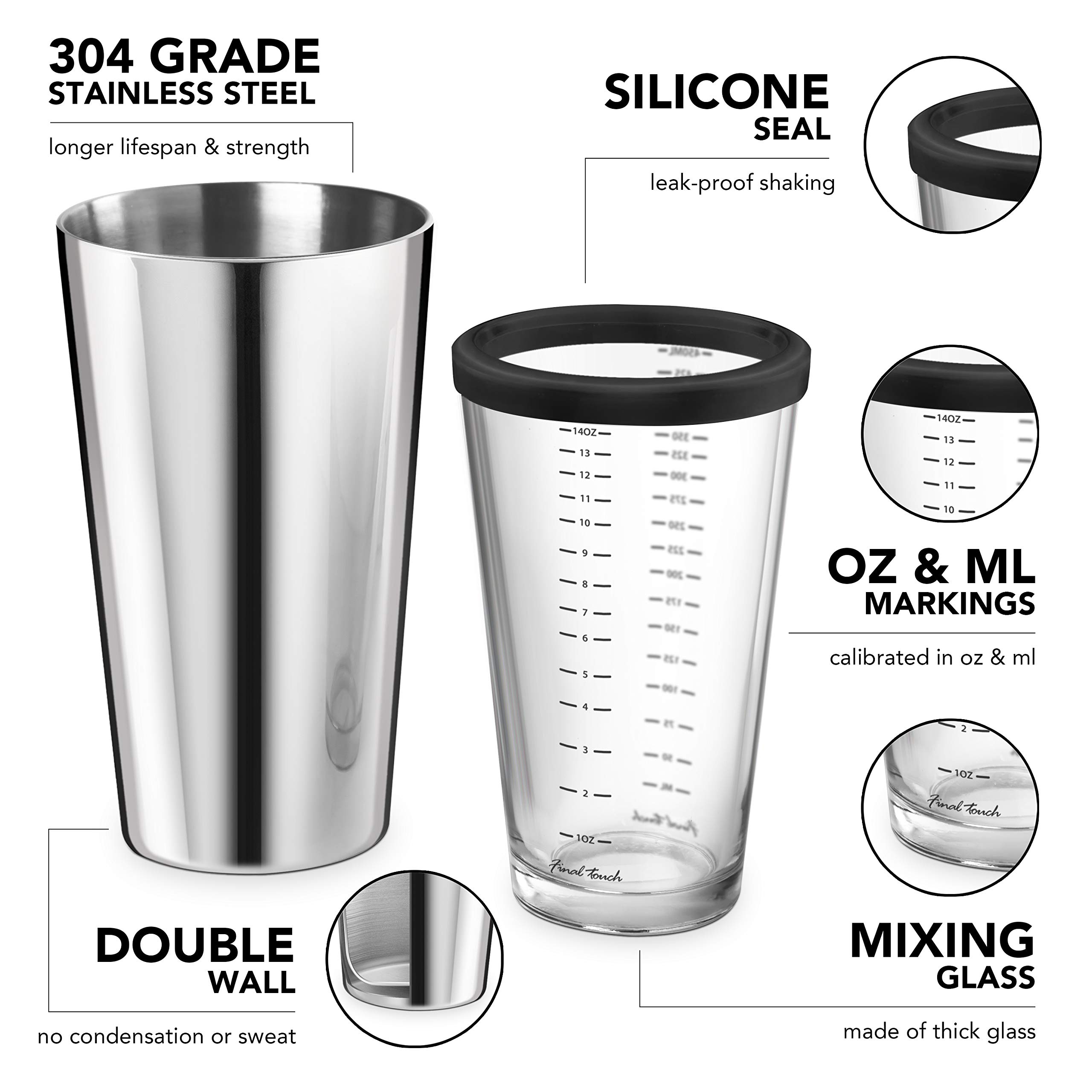 Final Touch Double Wall Boston Shaker with Silicone Seal and Ounce/Milliliter Measurements (FTA1852)