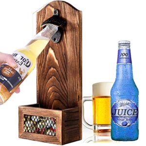 bottle openers wall mounted wooden vintage beer bottle opener with iron cap catcher opener tool for kitchen, bar, yard gifts for men beer lovers