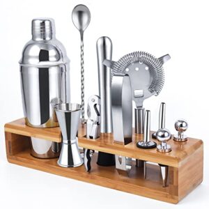 bartender kit,cocktail shaker set,bar mixing set with 24oz stainless steel and bamboo stand, bar set with recipe by bournis