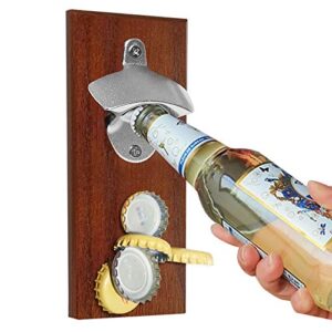 beer bottle opener with strong magnet, used on refrigerator or metal surface, convenient for one-handed operation, open bottles, collect bottle caps, brown, 7.87*3.14*0.15