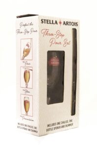 stella artois beer glass, three step pour set with chalice, bottle opener, and skimmer, holds 11 ounces