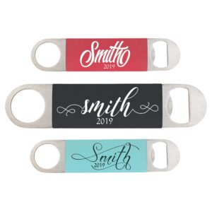 custom name script stainless steel bottle opener with silicone grip - 7 colors - 15 designs