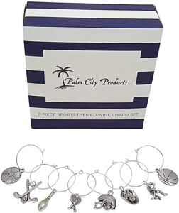 palm city products sports themed wine charms - 8 piece wine charm set - great gift for sports fans