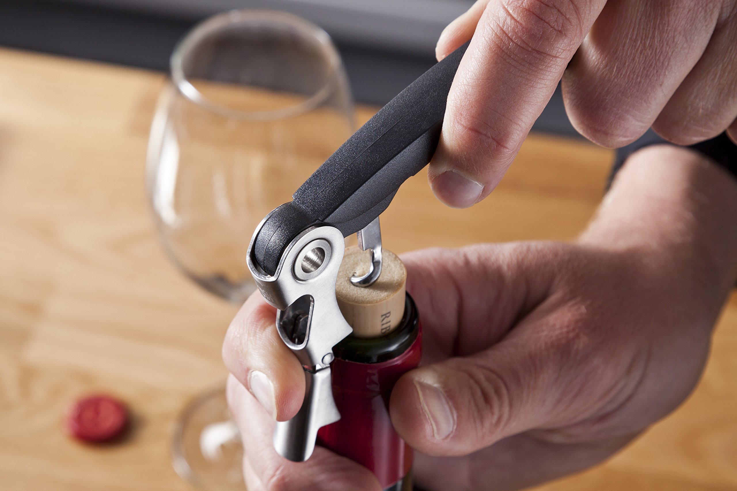 Vacu Vin Double Hinged Corkscrew - 3-in-1 Wine Opener with Foil Cutter and Bottle Opener - Effortlessly Open Wine Bottles and More - Professional Grade Corkscrew