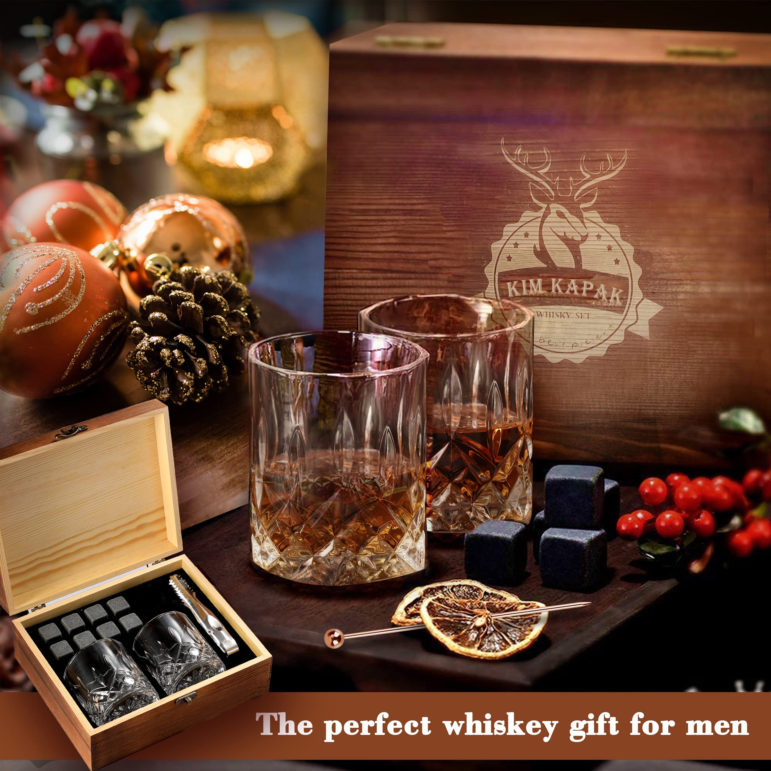 Whiskey Set Gifts for Men,Whiskey Stones & Whiskey Glasses Set of 2, Whisky Rocks Anniversary Best Groomsmen Dad Birthday Valentines Day Gifts Ideas for Him Mens Male Friends Wedding Husband Brother