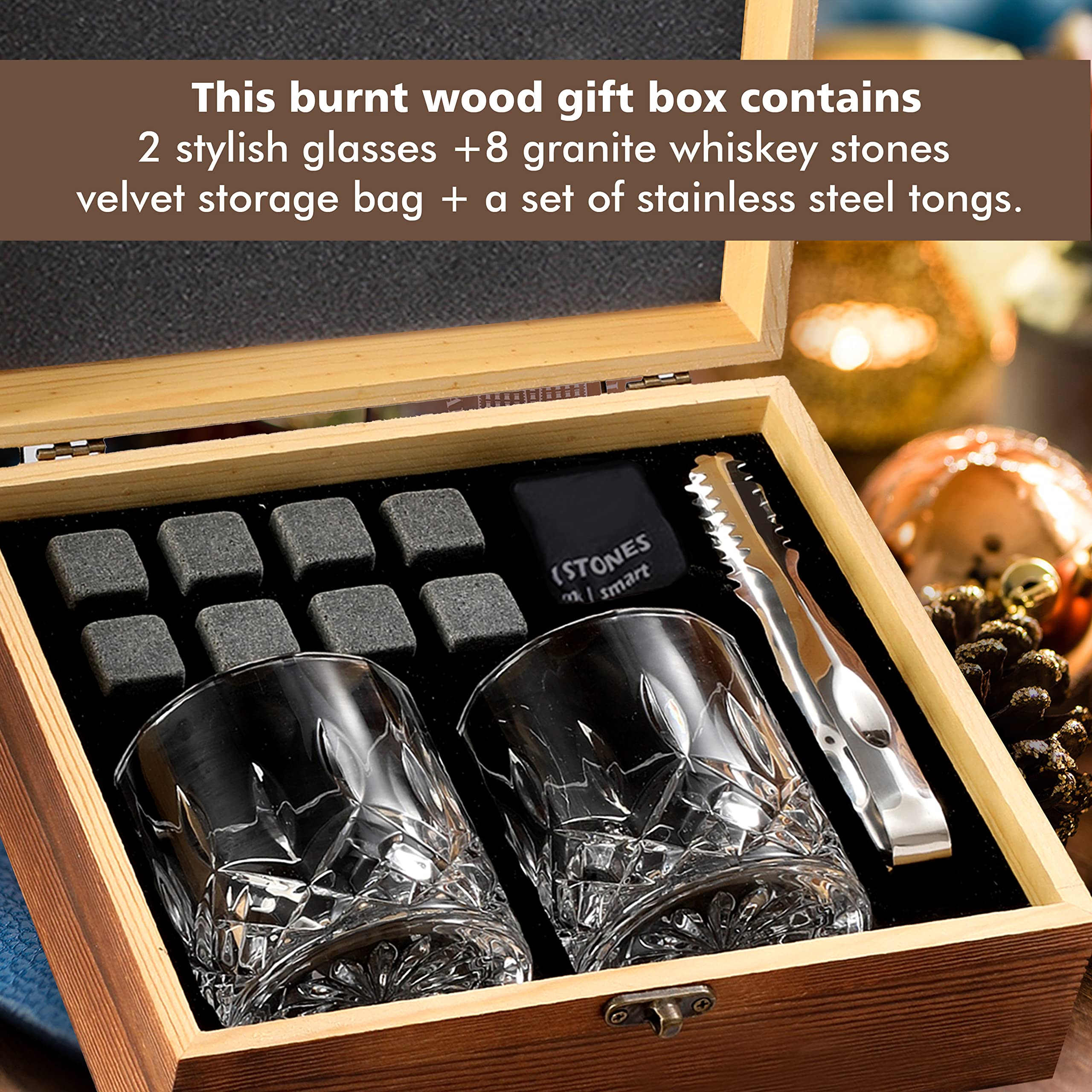 Whiskey Set Gifts for Men,Whiskey Stones & Whiskey Glasses Set of 2, Whisky Rocks Anniversary Best Groomsmen Dad Birthday Valentines Day Gifts Ideas for Him Mens Male Friends Wedding Husband Brother