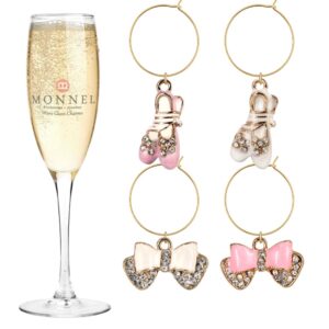 p414 crystal bow ballet shoe wine charms glass marker for party with velvet bag(pink white,set of 4)