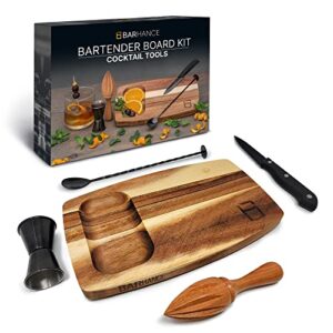 mixing bar set cocktail kit by barhance - bar tools cocktail set with bar jigger, cutting board, citrus reamer, mixing spoon, knife - bartender kit professional cocktail set