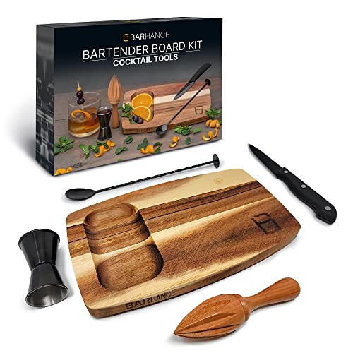 Mixing Bar Set Cocktail Kit by BARHANCE - Bar Tools Cocktail Set with Bar Jigger, Cutting Board, Citrus Reamer, Mixing Spoon, Knife - Bartender Kit Professional Cocktail Set