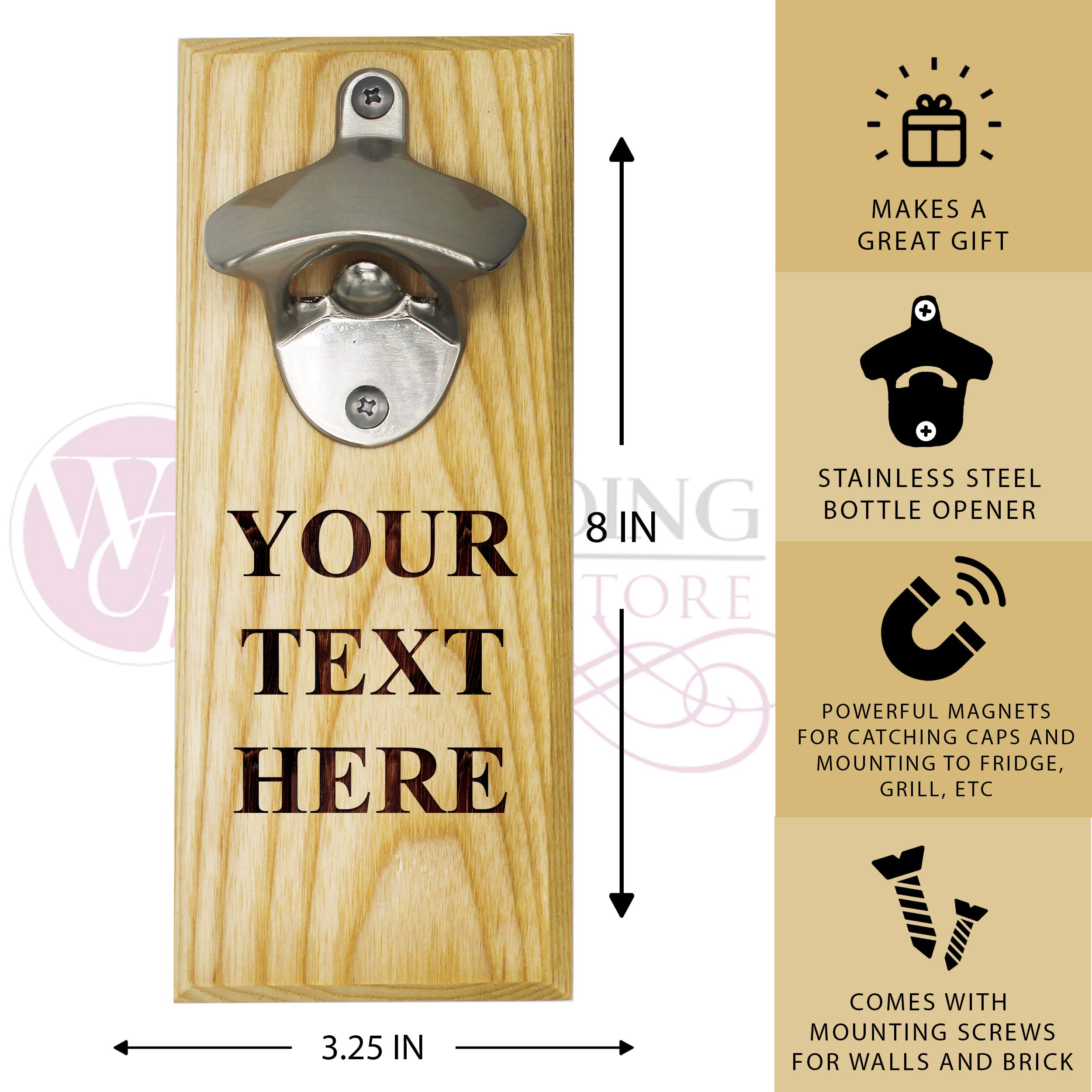 Custom Engraved Wall Mounted Beer Soda Pop Bottle Opener with Magnet Cap Catcher - Personalized with Your Custom Text (Maple)