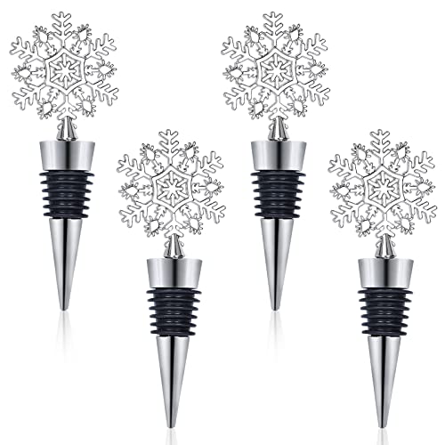 Whaline 4 Pieces Snowflake Wine Stopper Christmas Decorative Wine Bottle Stopper Metal Beverage Beer Stopper for Keeping Wine Fresh Winter Birthday Wedding Bar Tool Home Kitchen