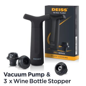Deiss PRO Vacuum Pump Wine Saver with 3 x Wine Bottle Stopper – Silicone Wine Stoppers for Wine Bottles with Date Markers - Wine Stopper to Keep Your Wine Fresh – Stops Oxidation of Wine