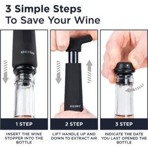 Deiss PRO Vacuum Pump Wine Saver with 3 x Wine Bottle Stopper – Silicone Wine Stoppers for Wine Bottles with Date Markers - Wine Stopper to Keep Your Wine Fresh – Stops Oxidation of Wine