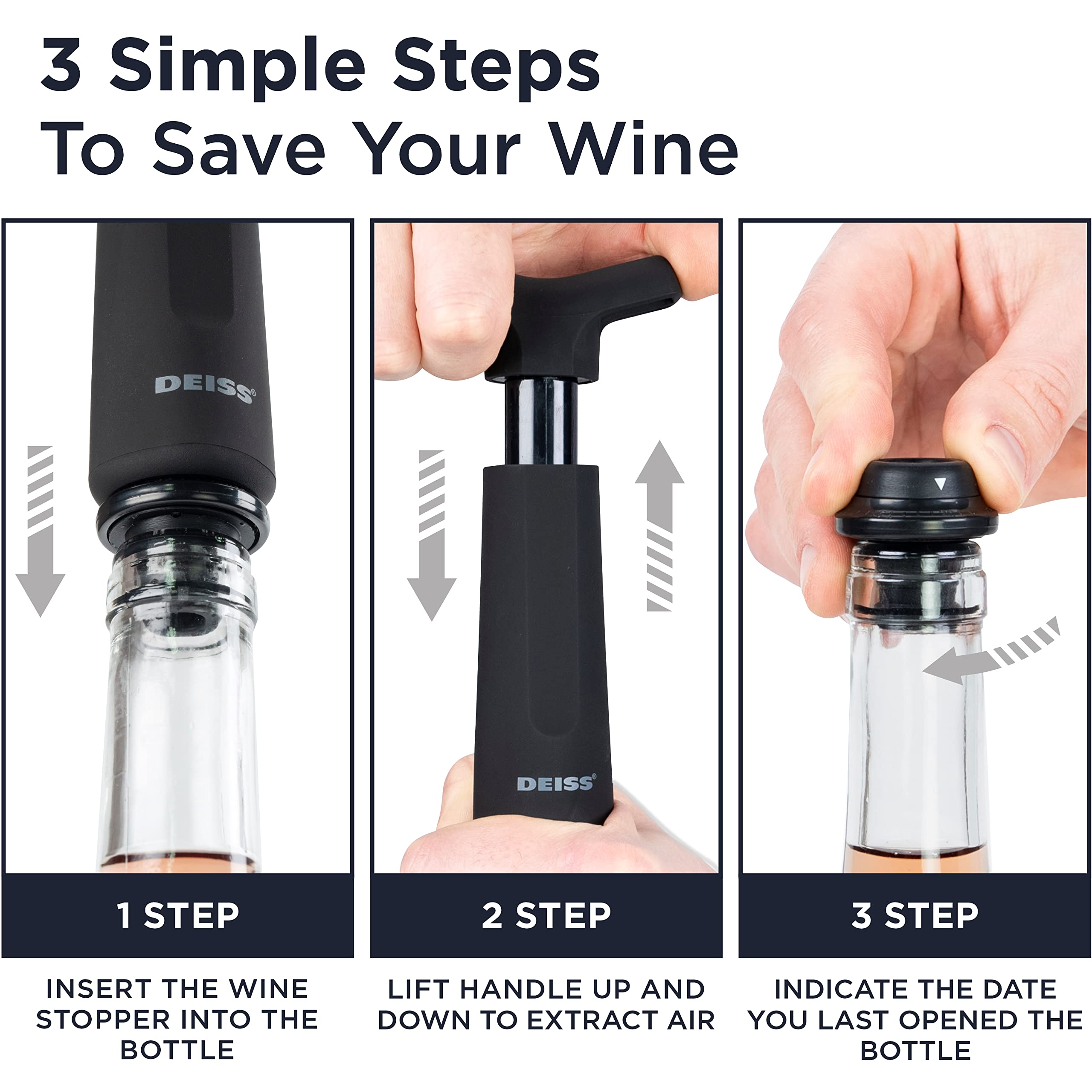 Deiss PRO Vacuum Pump Wine Saver with 3 x Wine Bottle Stopper – Silicone Wine Stoppers for Wine Bottles with Date Markers - Wine Stopper to Keep Your Wine Fresh – Stops Oxidation of Wine