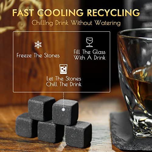 Whiskey Stones Gift Set for Men, Jewelvwatchro Whiskey Glasses Set in Wooden Box, 8 Basalt Chilling Rocks & 2 Scotch Glasses for Dad, Husband