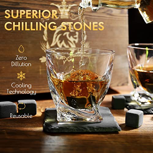 Whiskey Stones Gift Set for Men, Jewelvwatchro Whiskey Glasses Set in Wooden Box, 8 Basalt Chilling Rocks & 2 Scotch Glasses for Dad, Husband