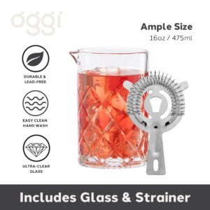 OGGI Cocktail Mixing Glass & Strainer Set - Elegant Bar Mixing Set with 16oz Glass Beaker, Essential Mixology Bartender Kit, Old Fashioned Kit, Includes Stainless Steel Hawthorne Strainer