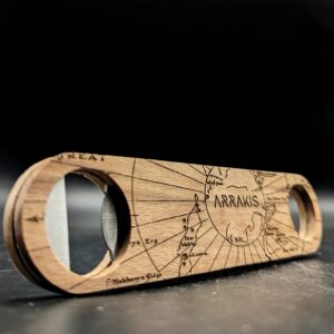 map of arrakis engraved wood bottle opener | inspired by sandworms and muad'dib | double sided engraving | great atreides gift idea!