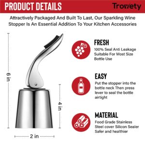 Trovety Wine Stopper Bottle Champagne Saver – Elegant Stainless Steel and Silicone Wine Saver Seals Out Air and Prevents Spills – Reusable, Expandable Bottle Keeper for Reds, Whites, Prosecco (1)