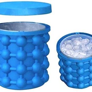 BULUSHI Large 2 in 1 Silicone Ice Bucket & Ice Mold with lid,Silicon Ice Cube Maker Genie, Portable Silicon Ice Cube Maker Blue 13.2X13.2X14CM