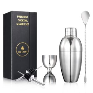 premium cocktail shaker set with built in strainer, double jigger, mixing spoon, liquor pourers, for home, bars, parties, professional bar tools