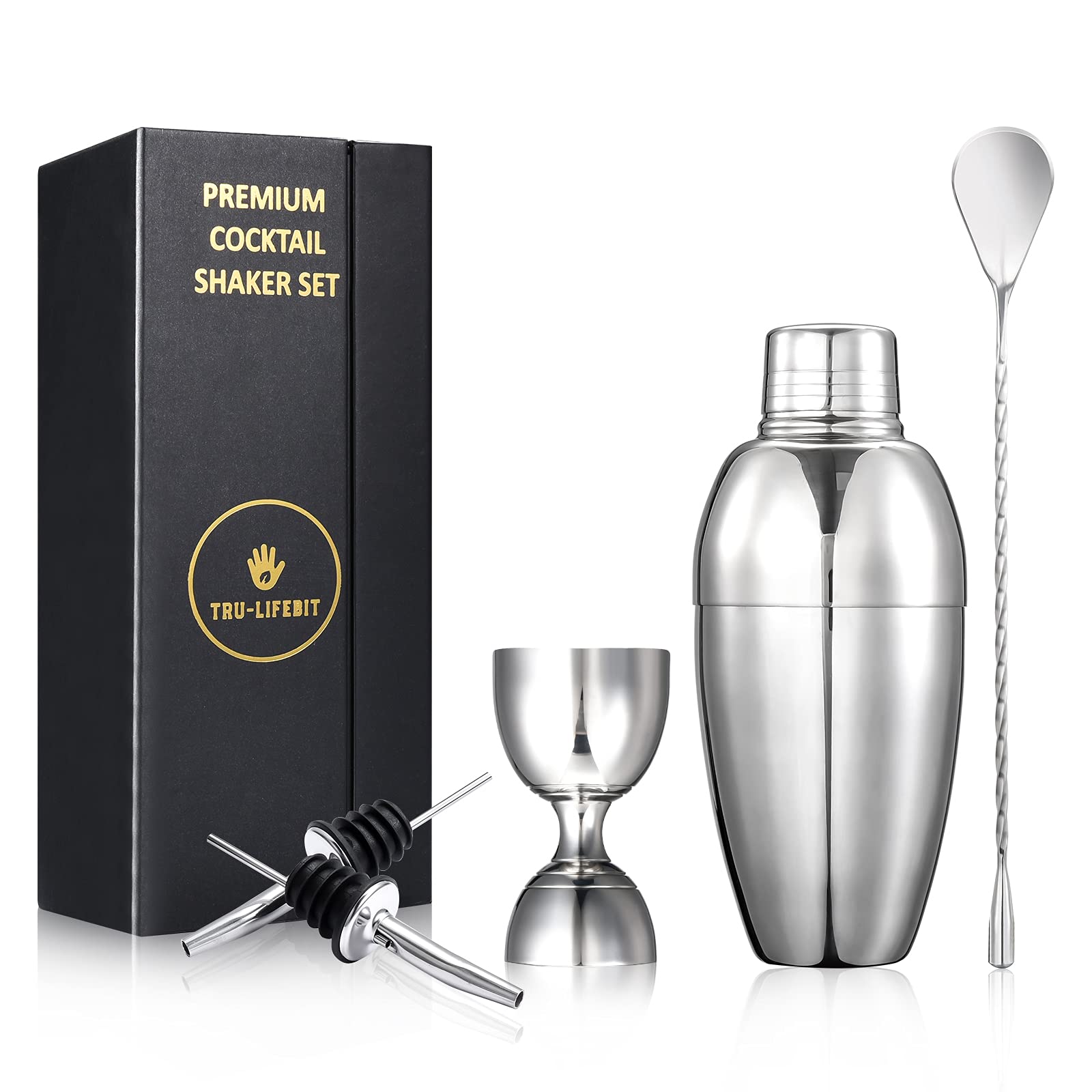 Premium Cocktail Shaker Set with Built in Strainer, Double Jigger, Mixing Spoon, Liquor Pourers, for Home, Bars, Parties, Professional Bar Tools