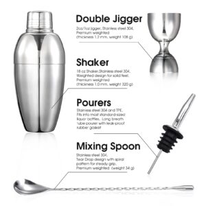 Premium Cocktail Shaker Set with Built in Strainer, Double Jigger, Mixing Spoon, Liquor Pourers, for Home, Bars, Parties, Professional Bar Tools