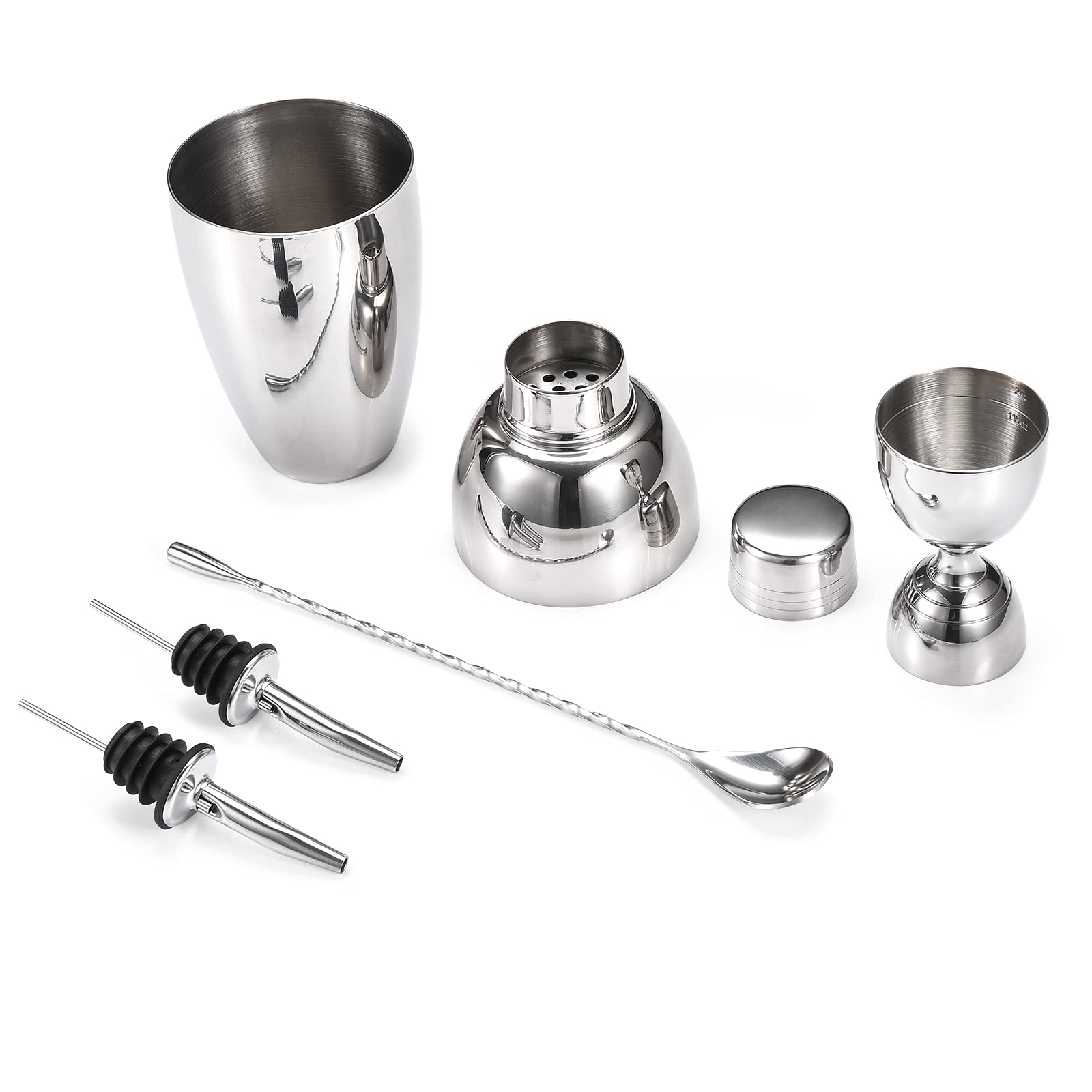 Premium Cocktail Shaker Set with Built in Strainer, Double Jigger, Mixing Spoon, Liquor Pourers, for Home, Bars, Parties, Professional Bar Tools