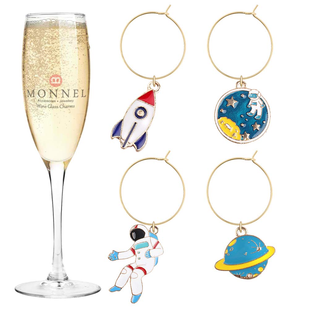 P422 Astronaut Saturn Rocket Wine Charms Glass Marker for Party with Velvet Bag- Set of 4