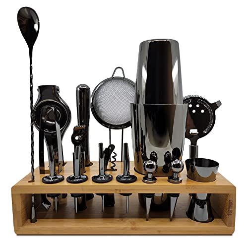 First class Mixology Bartender Kit: Create a memorable drink experience / 17-piece Boston shaker cocktail barware tool set, Rust + Leak proof, firm Eco-friendly bamboo stand. For Home, Parties, Travel