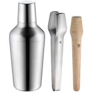 wmf cromargan 5pc stainless steel/beech wood “matrjoshka” bar gift set (jigger, tongs, sieve, pestle, measure), dishwasher safe