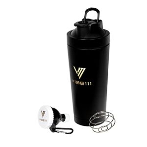 vibe111 protein shaker with funnel- 25oz stainless steel shaker bottle with portable protein funnel to go | insulated shaker bottles with protein powder container keychain and blending ball (black)