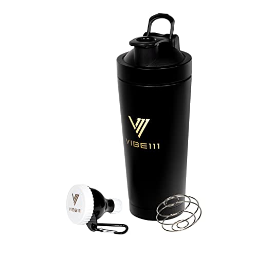 Vibe111 Protein Shaker with Funnel- 25OZ Stainless Steel Shaker Bottle with Portable Protein Funnel to Go | Insulated Shaker Bottles with Protein Powder Container Keychain and Blending Ball (Black)