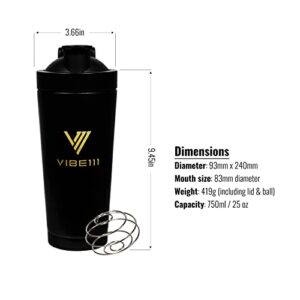 Vibe111 Protein Shaker with Funnel- 25OZ Stainless Steel Shaker Bottle with Portable Protein Funnel to Go | Insulated Shaker Bottles with Protein Powder Container Keychain and Blending Ball (Black)