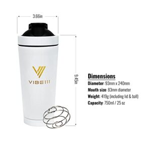 Vibe111 Protein Shaker with Funnel- 25OZ Stainless Steel Shaker Bottle with Portable Protein Funnel to Go | Insulated Shaker Bottles with Protein Powder Container Keychain and Blending Ball (Black)