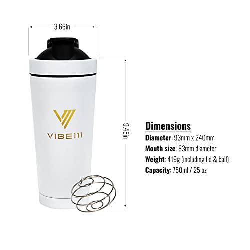 Vibe111 Protein Shaker with Funnel- 25OZ Stainless Steel Shaker Bottle with Portable Protein Funnel to Go | Insulated Shaker Bottles with Protein Powder Container Keychain and Blending Ball (Black)